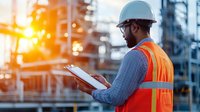 African American industrial engineer in safety vest and hard hat inspecting construction site at sunset, writing notes on clipboard during quality control check.