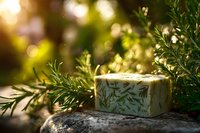 Natural handmade soap bar with rosemary herbs on stone surface in golden sunlight for organic skincare and wellness spa treatments.