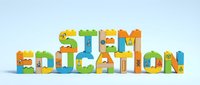 Colorful wooden letter blocks spelling STEM EDUCATION on white background, educational toy concept for learning science technology engineering math.