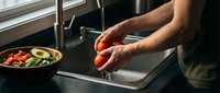 Man washing fresh red tomatoes in kitchen sink under running water during meal preparation and cooking.