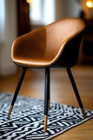 Modern brown leather armchair with black and gold legs on geometric pattern rug. Stylish interior design element with shallow depth of field.