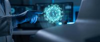 Medical researcher in protective gloves examining glowing coronavirus molecule in modern laboratory for scientific study and vaccine development research.