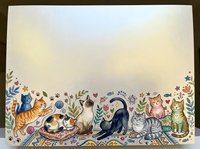 Colorful cats and kittens with decorative floral elements and ornamental patterns on cream background, isolated design suitable for greeting cards, textiles, and home decor projects.