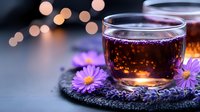 Glass cup of herbal tea with purple daisy flowers on dark textured coaster, soft bokeh lights in background creating romantic evening atmosphere.
