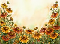 Autumn wildflower border with orange and yellow blooms creating decorative frame on warm textured background for seasonal greeting cards and botanical designs.