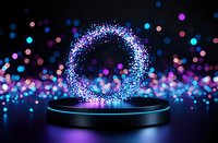 Glowing neon ring portal with sparkles and bokeh effects floating above black platform against dark background with colorful defocused lights.