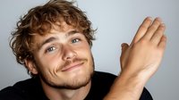 Young Caucasian man with curly blonde hair and facial hair smiling warmly while resting head on hand against light gray background, expressing genuine happiness and confidence.