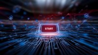 Glowing start button on futuristic circuit board background with blue digital network connections and red illumination, technology concept for business presentations.