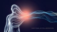 Silhouette of human head with glowing light waves connecting to digital data stream, representing artificial intelligence collaboration, machine learning, and emotional technology integration for business solutions.
