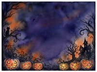 Spooky Halloween night scene with glowing jack-o-lanterns, bare twisted trees, haunted house silhouette and purple orange sky for seasonal decorations.