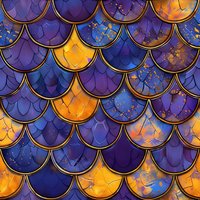 Magical dragon scales seamless pattern in deep purple and golden orange with glitter effect, perfect for fantasy designs, textile prints and mystical backgrounds.