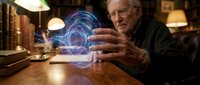 Senior man with wrinkled hands examining glowing digital hologram interface on wooden desk in warm-lit study room, representing future technology and innovation.