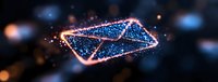 Glowing digital envelope icon with sparkles and particles floating in dark space, modern communication concept for email marketing and messaging services.