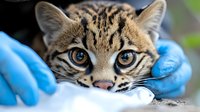 Close-up of adorable ocelot kitten with spotted fur and bright eyes being handled with blue gloves during veterinary examination or wildlife conservation effort.