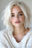 Young woman with platinum blonde bob hairstyle and natural makeup wearing white knit sweater poses against light background, showcasing fresh beauty look.