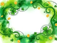 St Patrick's Day frame with shamrocks, gold coins and decorative swirls on watercolor background for Irish holiday celebration and festive design projects.
