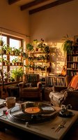 Cozy retro living room with vinyl record player, lush houseplants, bookshelves, and warm golden sunlight creating a relaxing bohemian atmosphere.