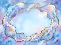 Watercolor cloud frame with pastel blue and purple hues creating decorative border for text or design elements on light background.