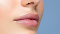 Close-up of plump, glossy natural pink lips on light skin tone against blue background, showing professional makeup application and skincare results for beauty industry.