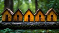 Row of five miniature wooden yellow houses with crosses on tree branch in forest setting, shallow depth of field creates dreamy atmosphere. Natural green bokeh background.