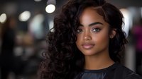Professional portrait of confident young African American woman with curly hair in black top against blurred city lights background for business and lifestyle content.