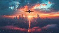 Commercial airplane silhouette flying over modern city skyline during dramatic sunset with orange and teal sky, perfect for travel industry, business presentations and tourism marketing.