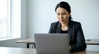 Professional woman with dark hair and East Asian ethnicity wearing black blazer working on laptop at desk in modern office environment with natural window light.