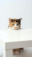 Adorable calico kitten with blue eyes peeking over white table edge against neutral background for pet and home decor concepts.