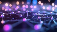 Glowing network connections with purple and blue illuminated nodes on dark background, abstract technology visualization with bokeh light effects.