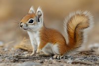 Small red squirrel with fluffy tail standing on ground in natural outdoor environment for wildlife and nature photography projects.