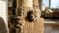 Cat scratching post with natural jute rope wrapping and wooden base for pet furniture and feline claw maintenance in home interior setting.