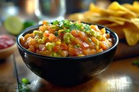 Fresh shrimp ceviche with tomatoes, onions, cilantro, and lime juice served in black bowl with tortilla chips, traditional Latin American appetizer on wooden table.