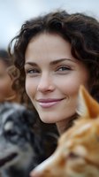 Young Mediterranean woman with curly dark hair and natural makeup smiling warmly while spending time outdoors with pets, expressing joy and contentment.