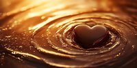 Heart-shaped chocolate piece creating ripples in melted golden brown chocolate liquid with splashes and swirls, macro photography with soft lighting effects.