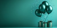 Metallic green balloons and wrapped gift boxes on turquoise background with glitter confetti. Luxury celebration and holiday concept with copy space.
