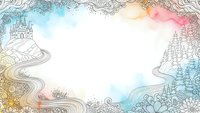 Whimsical fairy tale landscape frame with castle, winding path, trees and decorative borders on white background for storytelling and design projects.