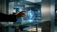 Business professional activating holographic cybersecurity shield interface on futuristic glass desk in modern office environment for data protection.