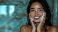 Young Asian woman with glowing skin and bright smile against turquoise background, face cupped in hands, showcasing natural beauty and skincare concept.