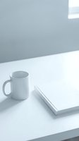 Blank white mug and notebook on minimalist desk with gray wall and natural light, suitable for branding, mockup, and workspace design projects.