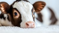 Young brown and white dairy calf with distinctive facial markings resting on white surface, suitable for agricultural, farming, and livestock industry marketing materials.