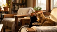 Ginger cat relaxing on comfortable armchair in cozy living room with bookshelves, warm lighting and home decor for lifestyle and pet content.