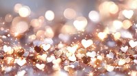 Glowing heart shapes and sparkles on blurred bokeh background in soft pink and gold tones create romantic festive atmosphere for Valentine's Day designs.