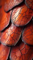 Extreme macro photography of red-orange cracked scales with intricate patterns and textures creating an abstract natural geometric design. Artistic nature background.