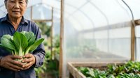 Senior Asian male farmer holding fresh green leafy vegetables in greenhouse with plants and natural light for agricultural business and organic farming concepts.