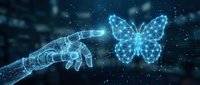 Digital transformation concept with glowing blue wireframe hand reaching toward geometric butterfly network on dark tech background.