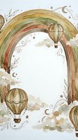 Watercolor rainbow arch frame with hot air balloons, clouds, stars and moon decorative border on white background for nursery design and greeting cards.