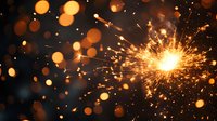 Bright sparkler emitting golden sparks against dark background with blurred bokeh lights creating magical festive atmosphere for celebration and holiday designs.