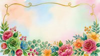 Watercolor floral frame with roses, berries, and golden border on pastel background, perfect for greeting cards, invitations, and wedding designs.