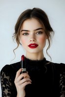 Young woman in black lace top wearing bright red lipstick holds matching lipstick product against white background, showcasing glamorous makeup and beauty look.