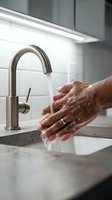 Hands washing with soap under running water from modern kitchen faucet, hygiene and cleanliness concept for health and safety practices.